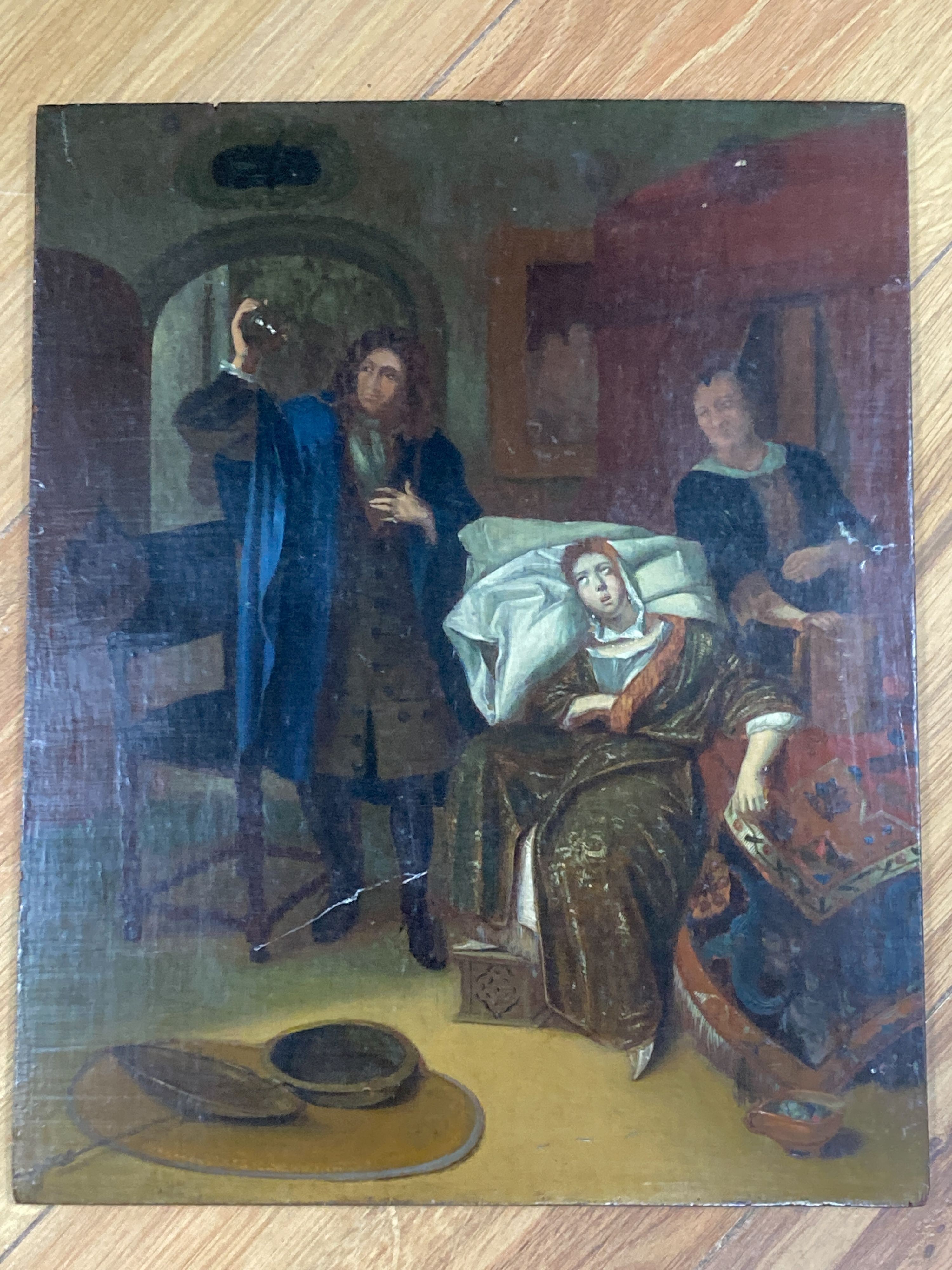 19th century English school, oil on board, 17th century interior with physician, 35 x 28 cm, unframed.